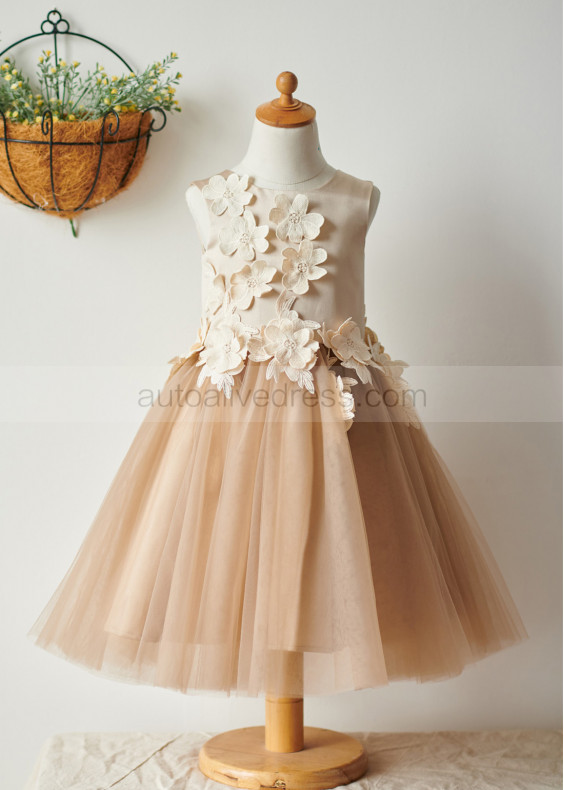 Tan Satin Tulle Knee Length Floral Flower Girl Dress